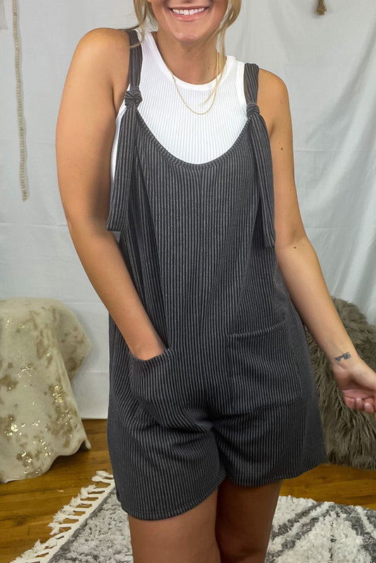 Dark Grey Ribbed Striped Knotted Straps Pocketed Romper - MAD RUFFI