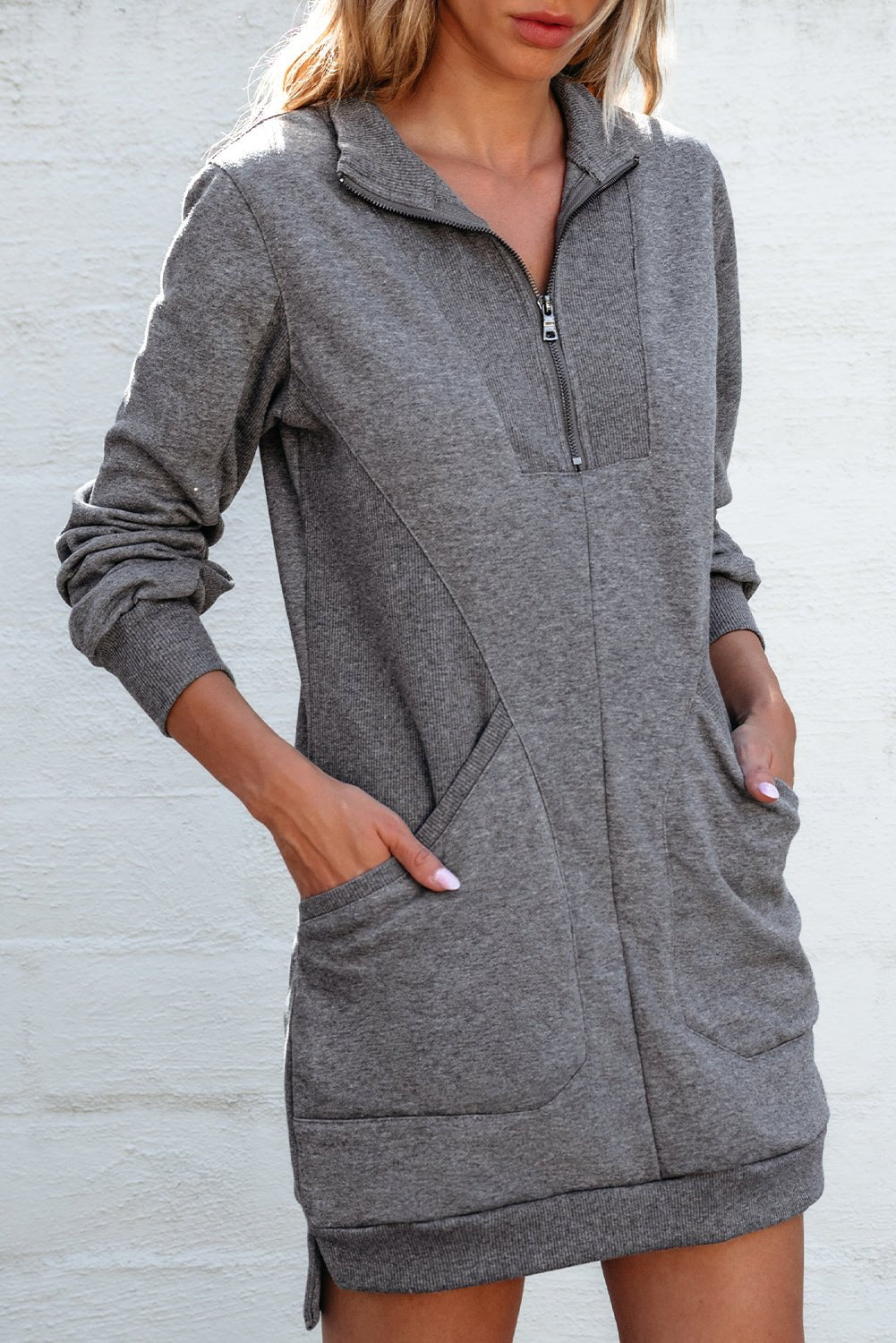 Dark Grey Zip up Collared Ribbed Patchwork Sweatshirt Dress with Pockets - MAD RUFFI