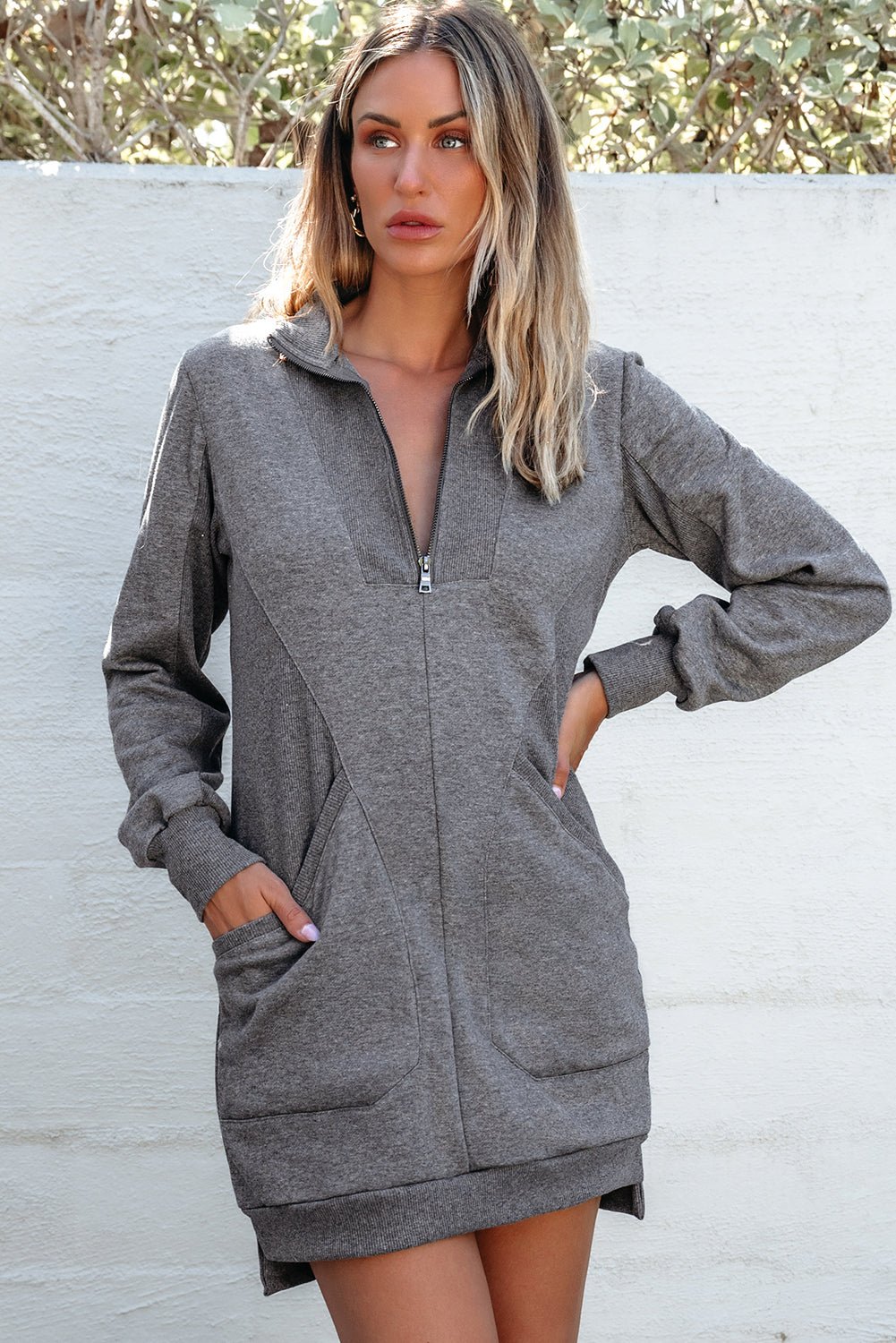 Dark Grey Zip up Collared Ribbed Patchwork Sweatshirt Dress with Pockets - MAD RUFFI