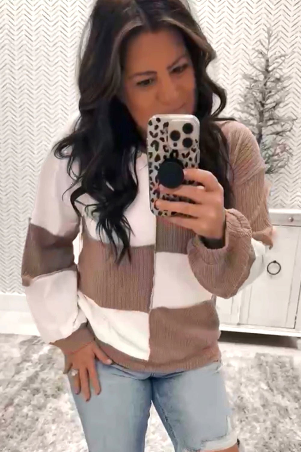 Dark Khaki Colorblock Checkered Raw Seamed Pullover - MAD RUFFI