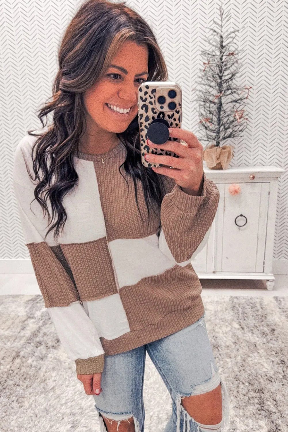 Dark Khaki Colorblock Checkered Raw Seamed Pullover - MAD RUFFI