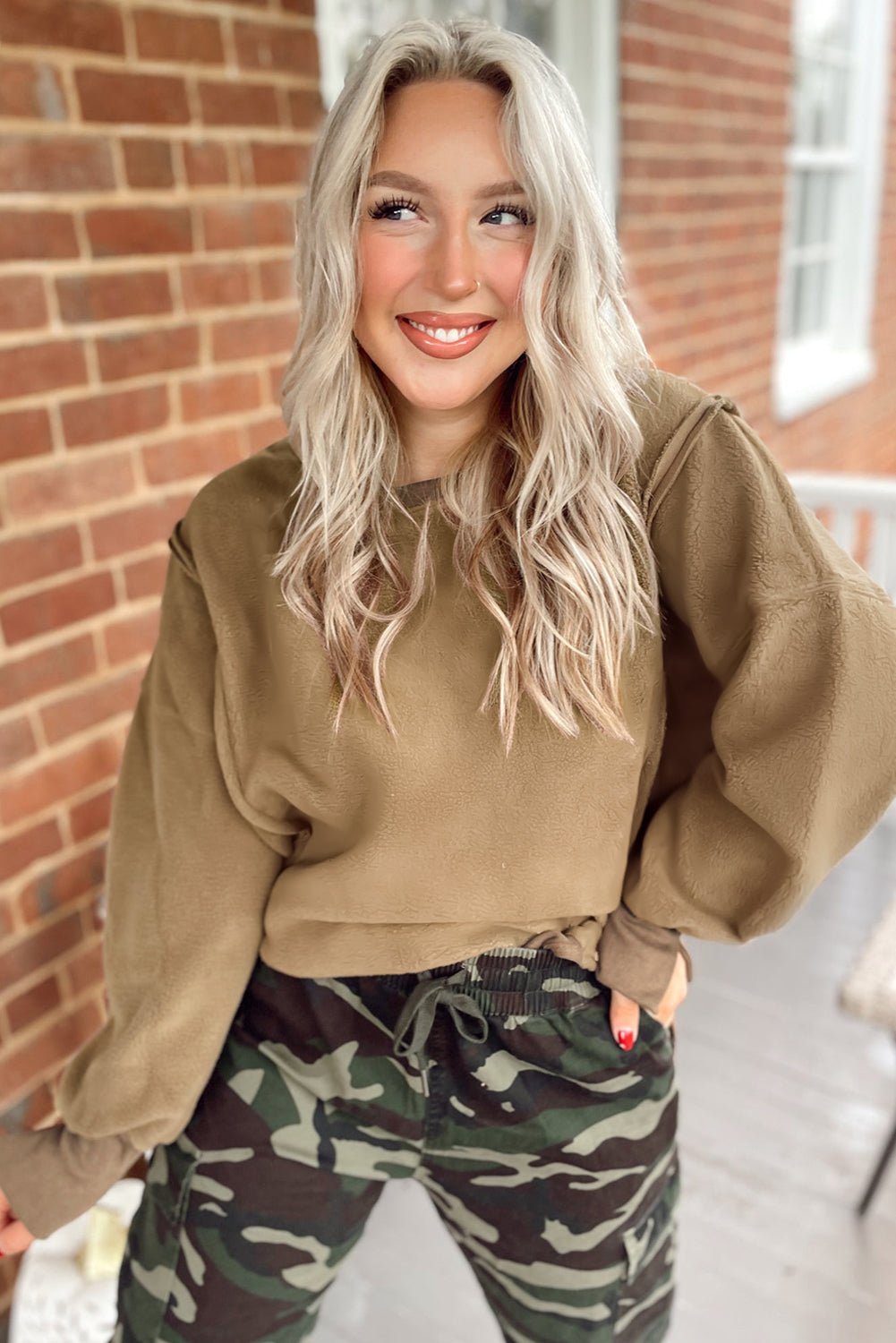 Dark Khaki Fuzzy Sherpa Splicing Pullover Sweatshirt - MAD RUFFI