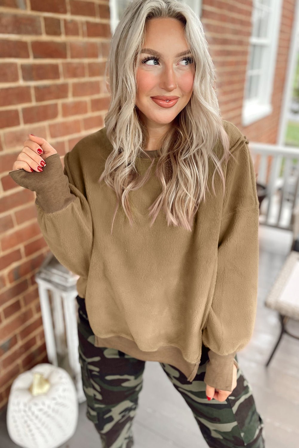 Dark Khaki Fuzzy Sherpa Splicing Pullover Sweatshirt - MAD RUFFI