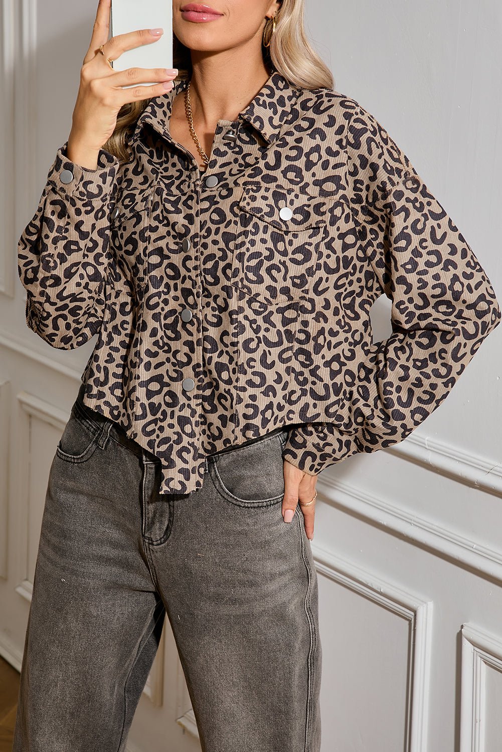 Dark Khaki Leopard Print Raw Hem Cropped Jacket - MAD RUFFI