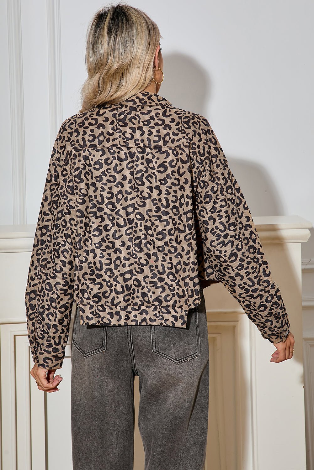 Dark Khaki Leopard Print Raw Hem Cropped Jacket - MAD RUFFI