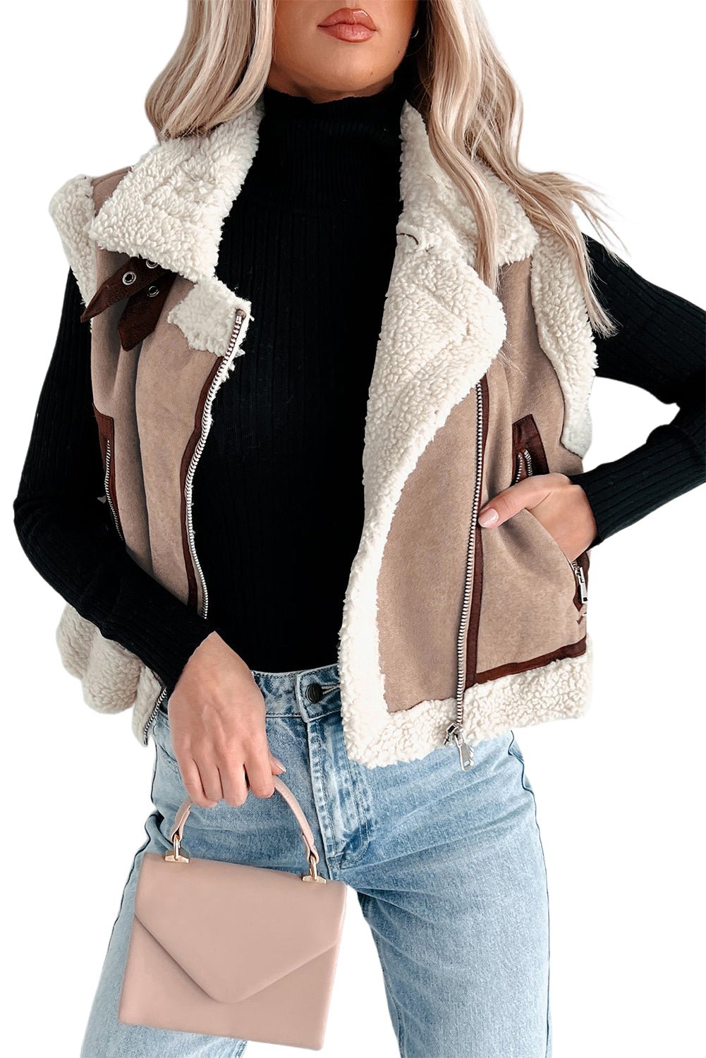 Dark Khaki Sherpa Lined Faux Suede Lapel Collar Vest - MAD RUFFI