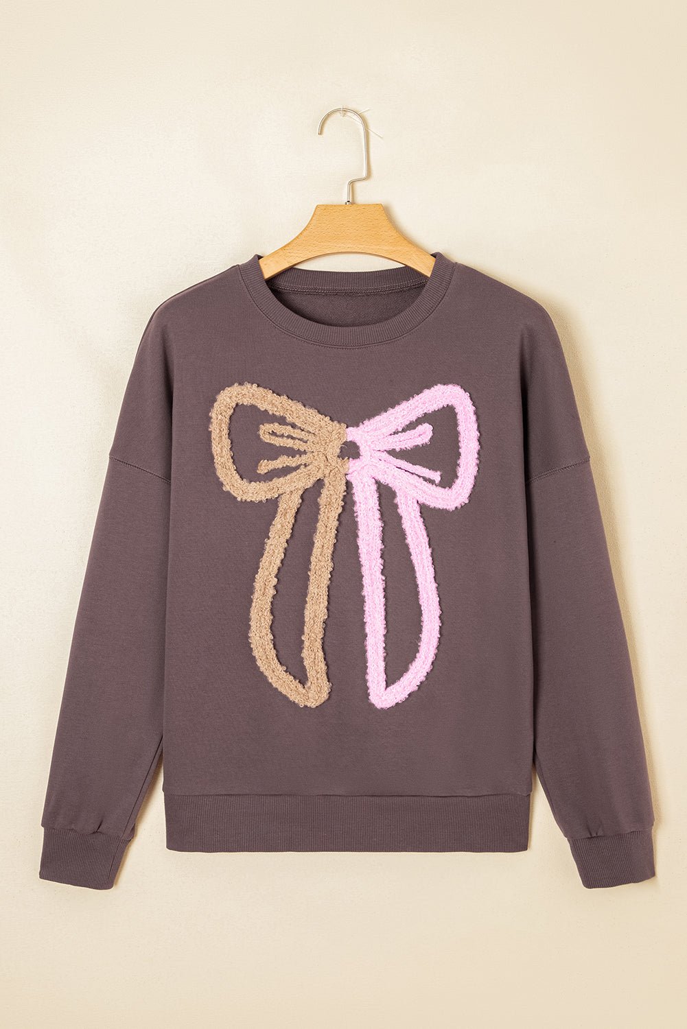 Dark Khaki Terry Bow Pattern Drop Shoulder Sweatshirt - MAD RUFFI