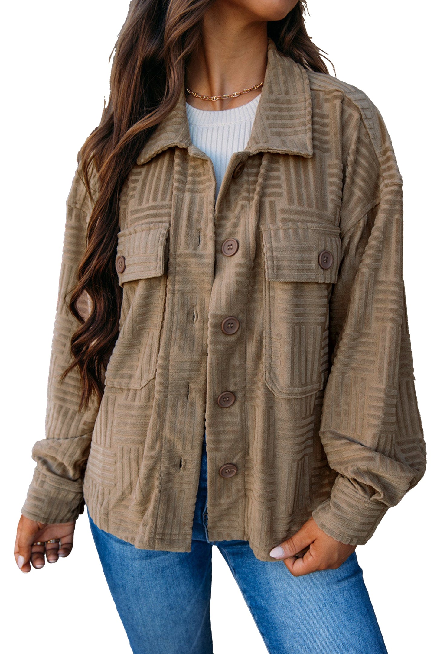 Dark Khaki Textured Chest Pocket Button Up Shacket - MAD RUFFI