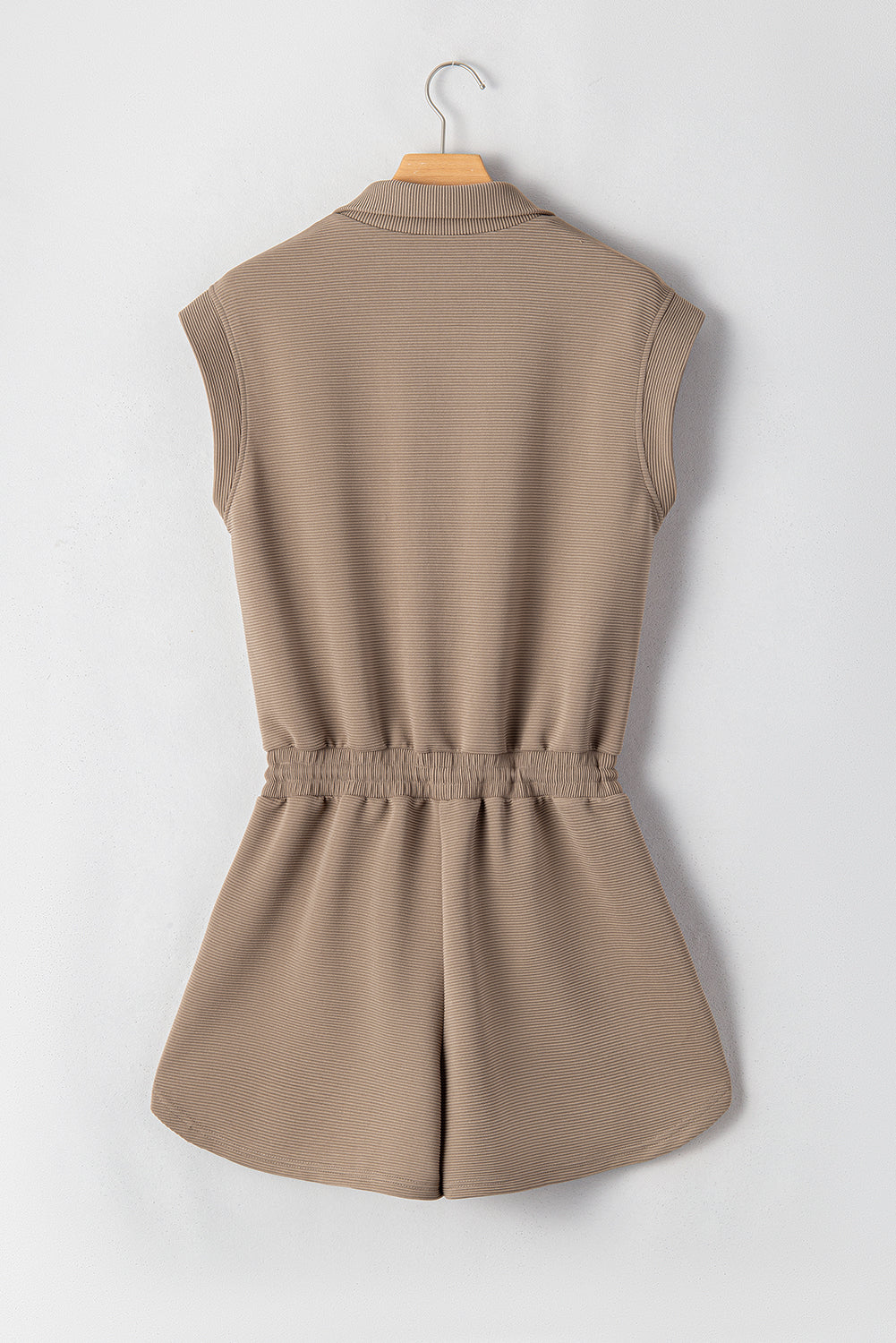 Dark Khaki Textured Short Sleeve Half Zip Drawstring Waist Romper - MAD RUFFI