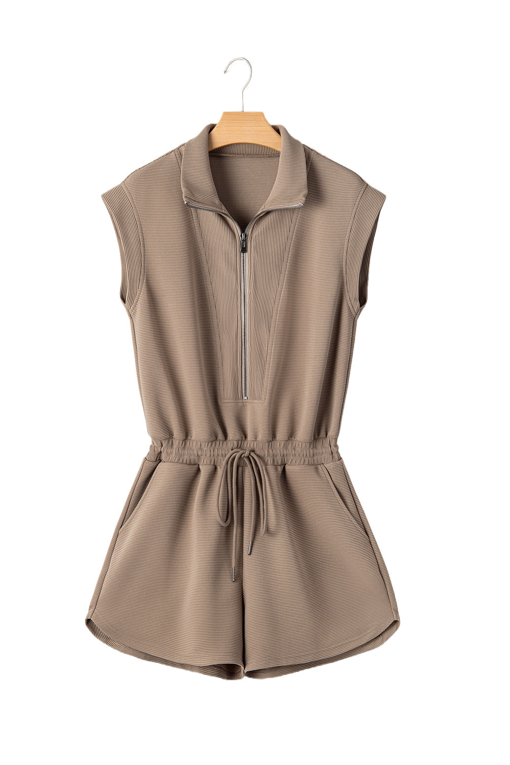 Dark Khaki Textured Short Sleeve Half Zip Drawstring Waist Romper - MAD RUFFI