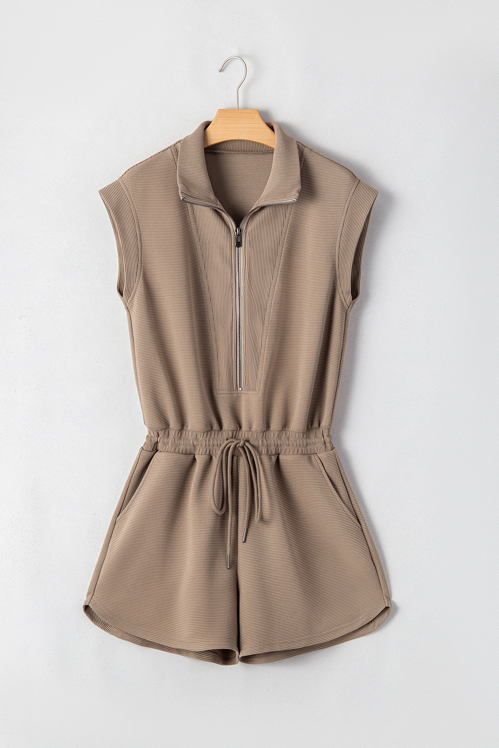 Dark Khaki Textured Short Sleeve Half Zip Drawstring Waist Romper - MAD RUFFI