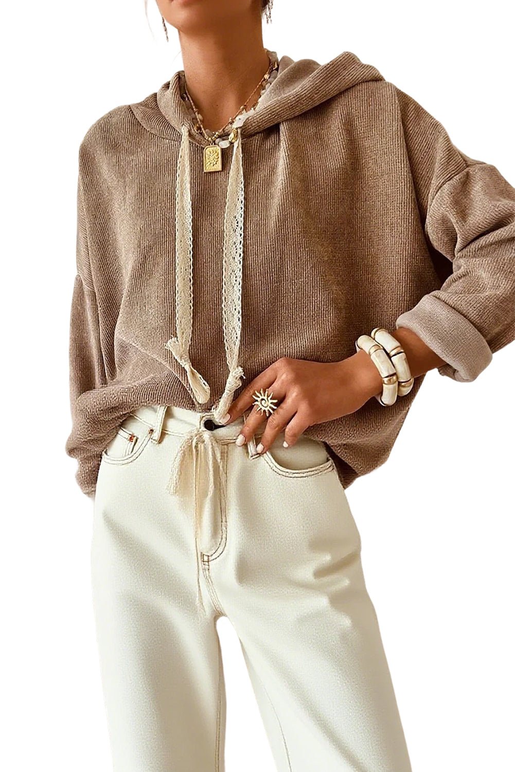 Dark Khaki Thermal Textured Leopard Drawstring Baggy Hoodie - MAD RUFFI