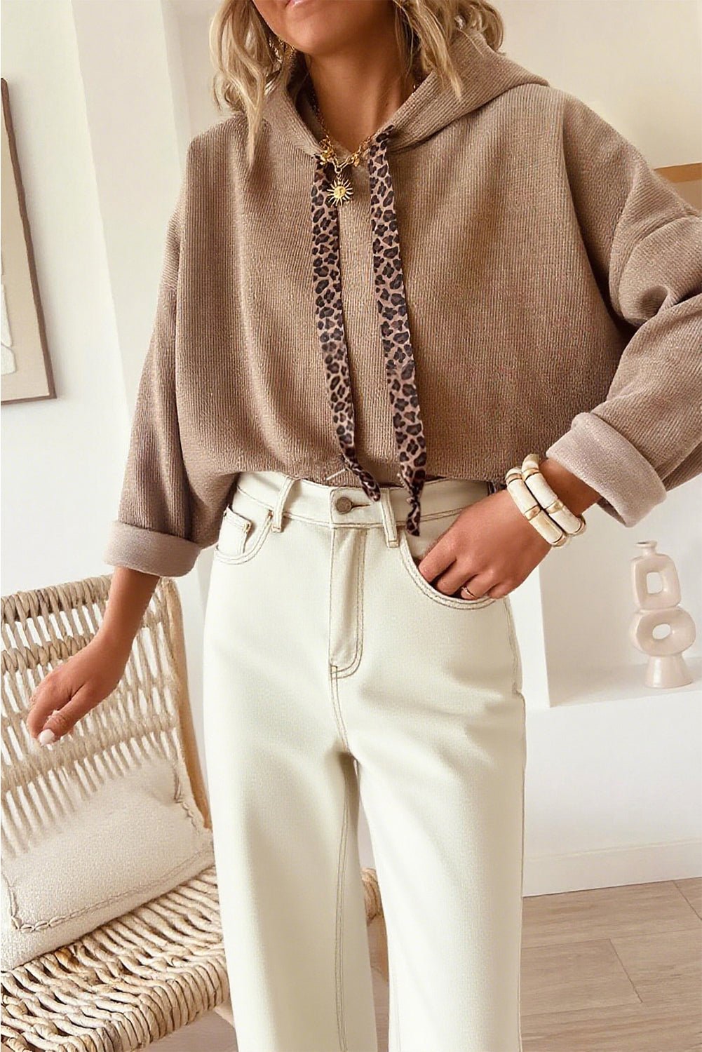 Dark Khaki Thermal Textured Leopard Drawstring Baggy Hoodie - MAD RUFFI