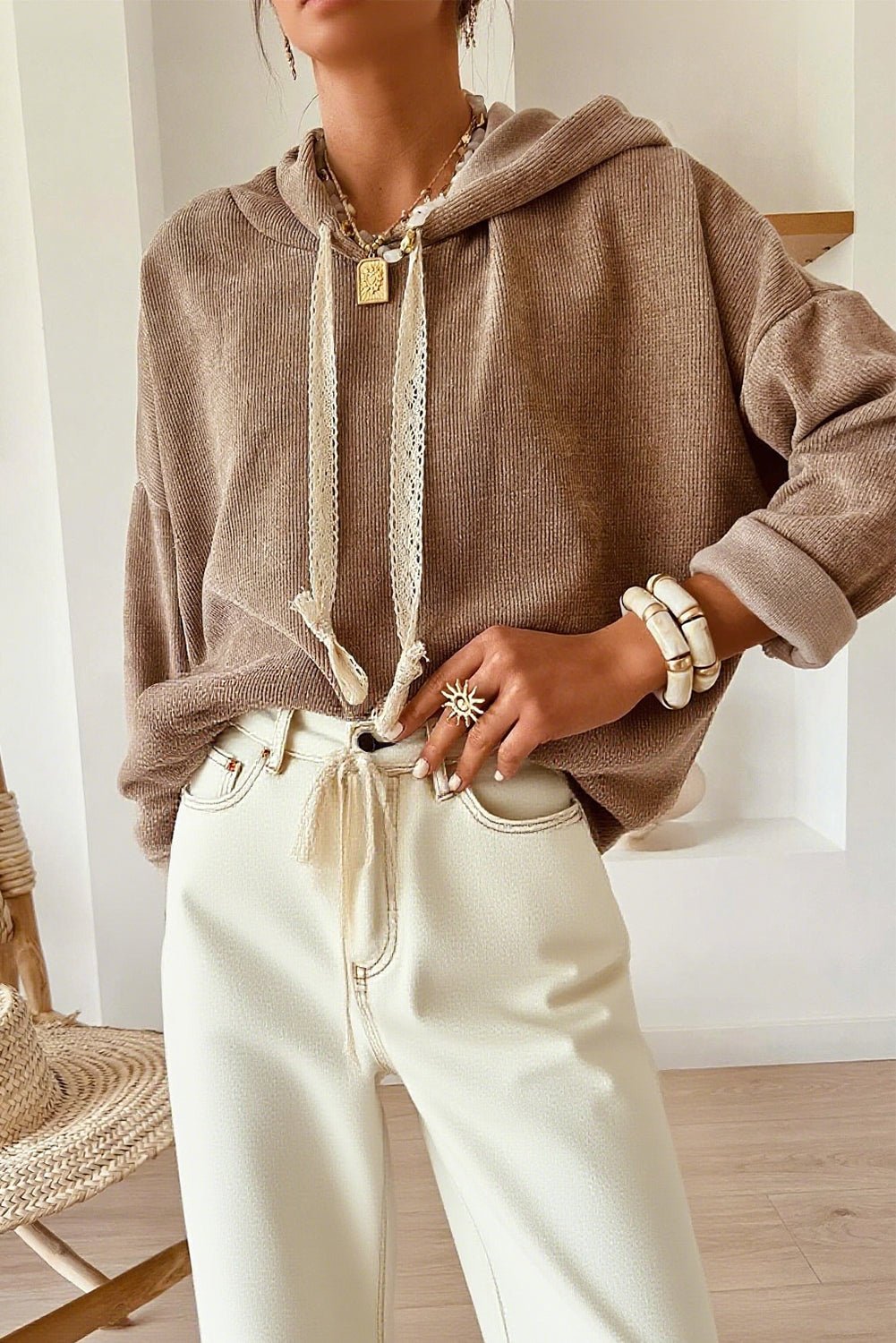 Dark Khaki Thermal Textured Leopard Drawstring Baggy Hoodie - MAD RUFFI