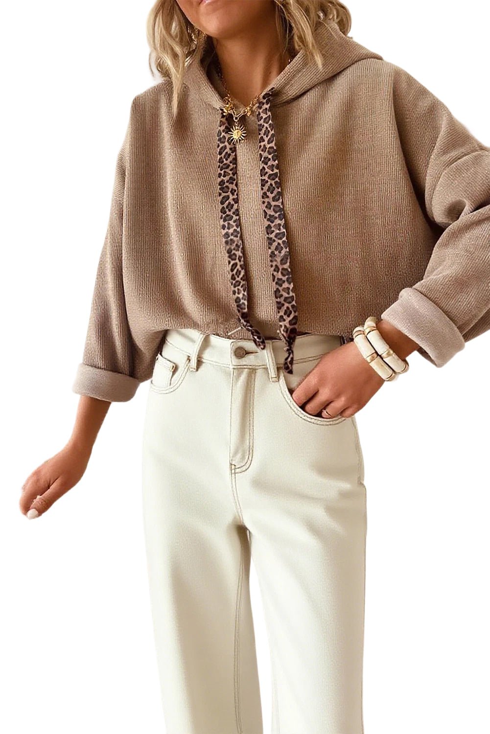 Dark Khaki Thermal Textured Leopard Drawstring Baggy Hoodie - MAD RUFFI