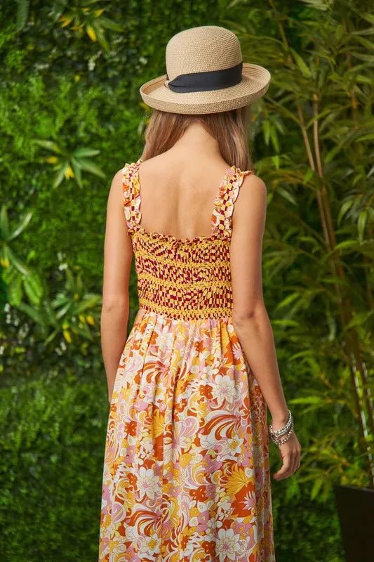 Davi & Dani Multi Smocked Bodice Geo Ruffle Strappy Midi Dress - MAD RUFFI