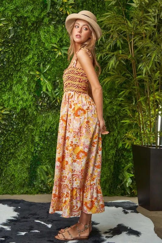 Davi & Dani Multi Smocked Bodice Geo Ruffle Strappy Midi Dress - MAD RUFFI