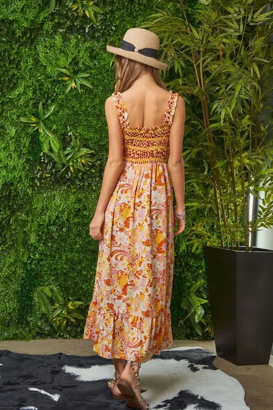 Davi & Dani Multi Smocked Bodice Geo Ruffle Strappy Midi Dress - MAD RUFFI