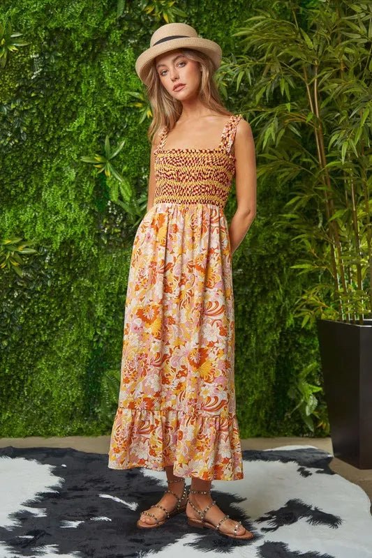 Davi & Dani Multi Smocked Bodice Geo Ruffle Strappy Midi Dress - MAD RUFFI