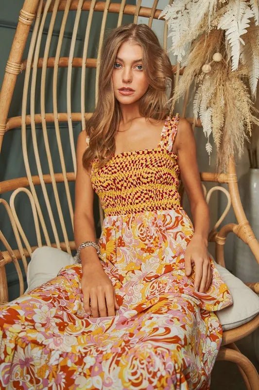 Davi & Dani Multi Smocked Bodice Geo Ruffle Strappy Midi Dress - MAD RUFFI