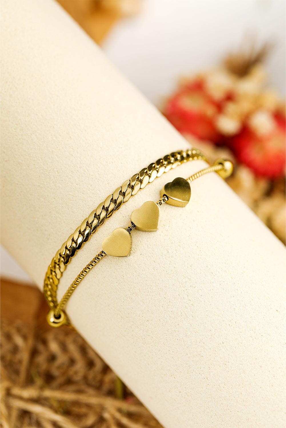 Elegant Adjustable Double Layer Gold Heart Bracelet