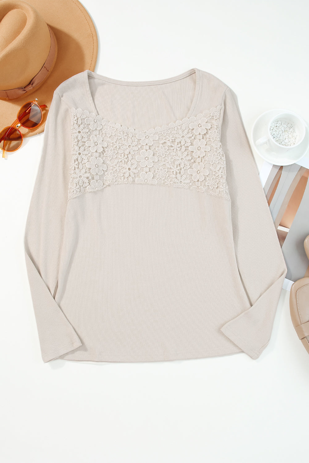 Beige Lace Contrast Casual Long Sleeve Top - MAD RUFFI