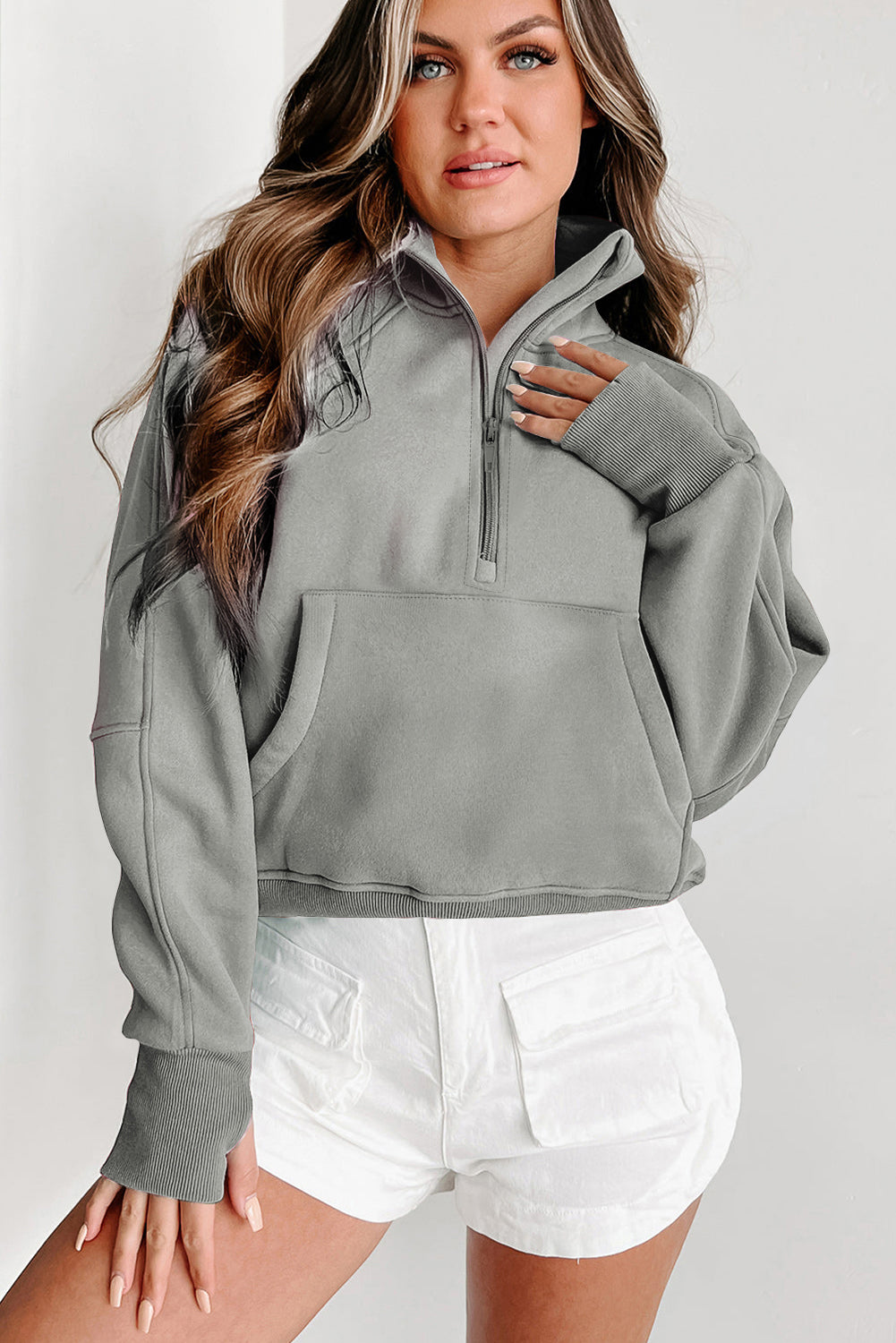 Smoke Green Zip Up Stand Collar Ribbed Thumbhole Sleeve Sweatshirt