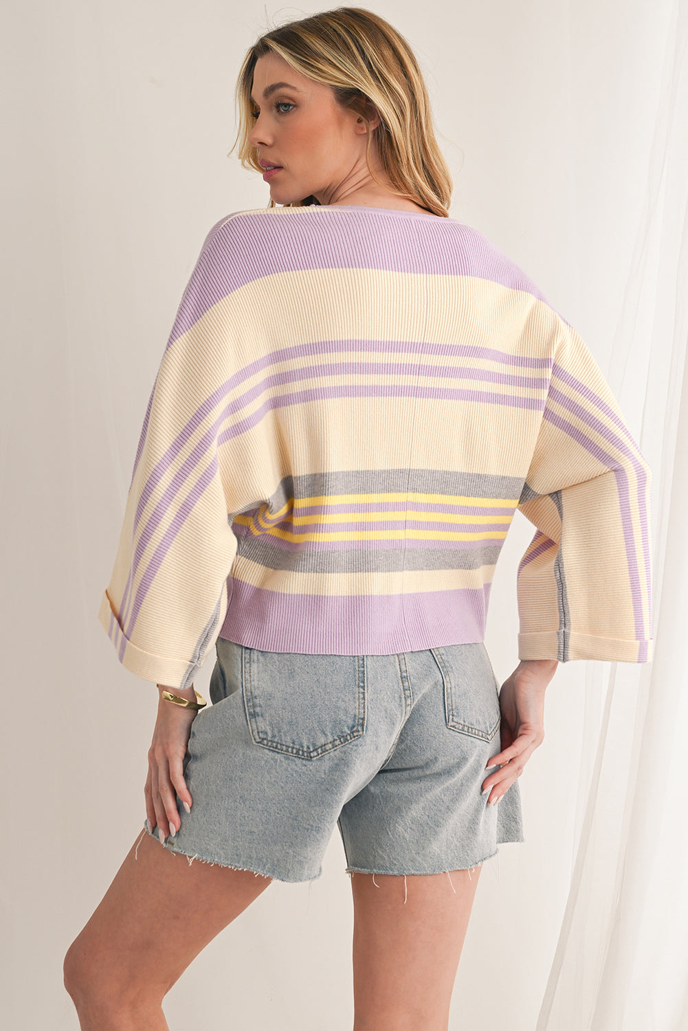 Purple Striped Rib-Knit Cropped Top