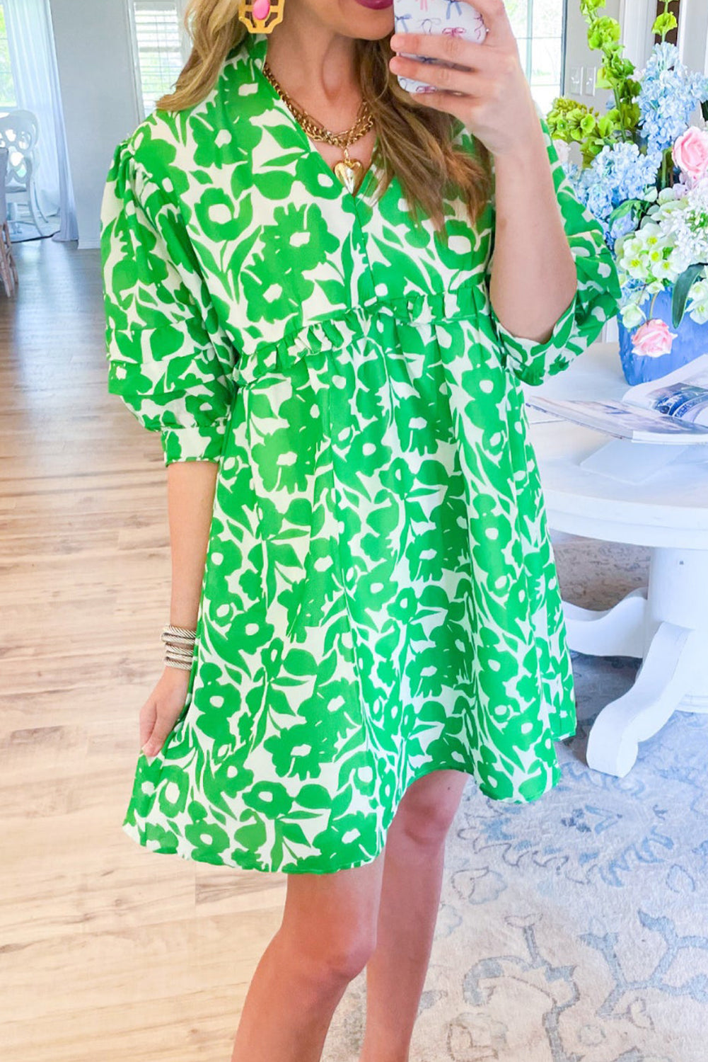 Floral V Neck Puff Sleeve Babydoll Dress in Green