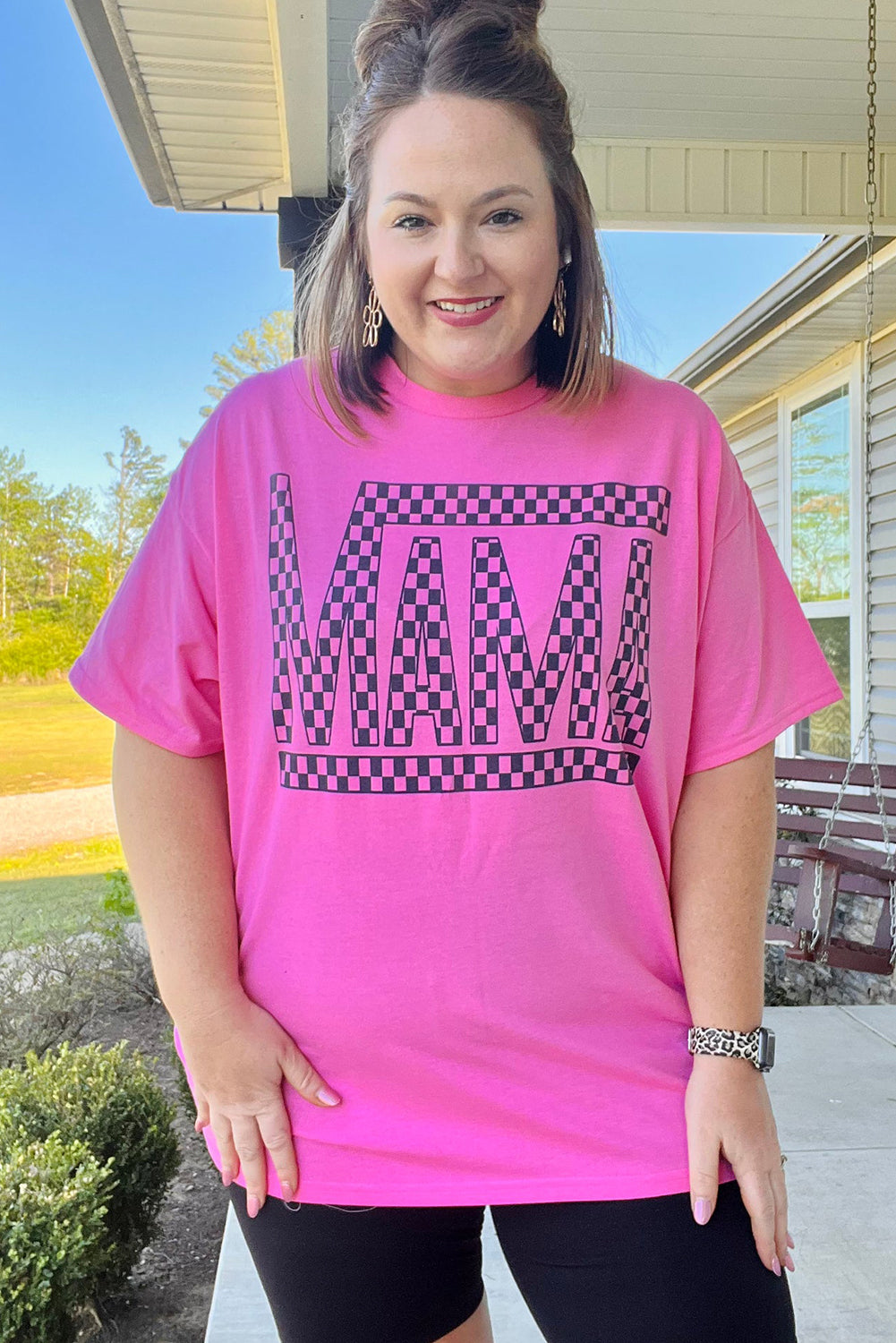 Bright Pink Checkered MAMA Letter Print Plus Size T Shirt