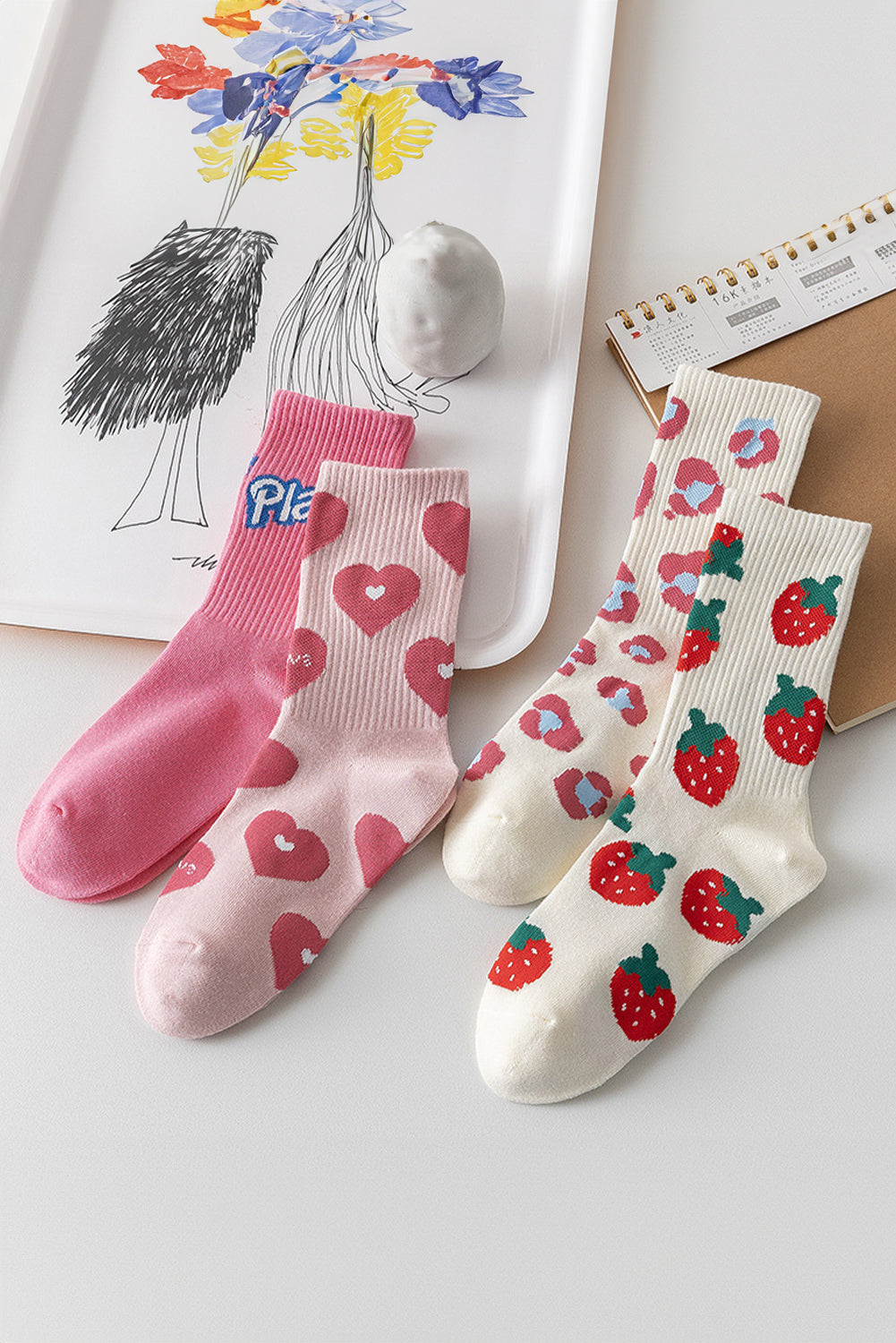 Light Pink Heart Print Ribbed Trim Soft Crew Socks for Comfort