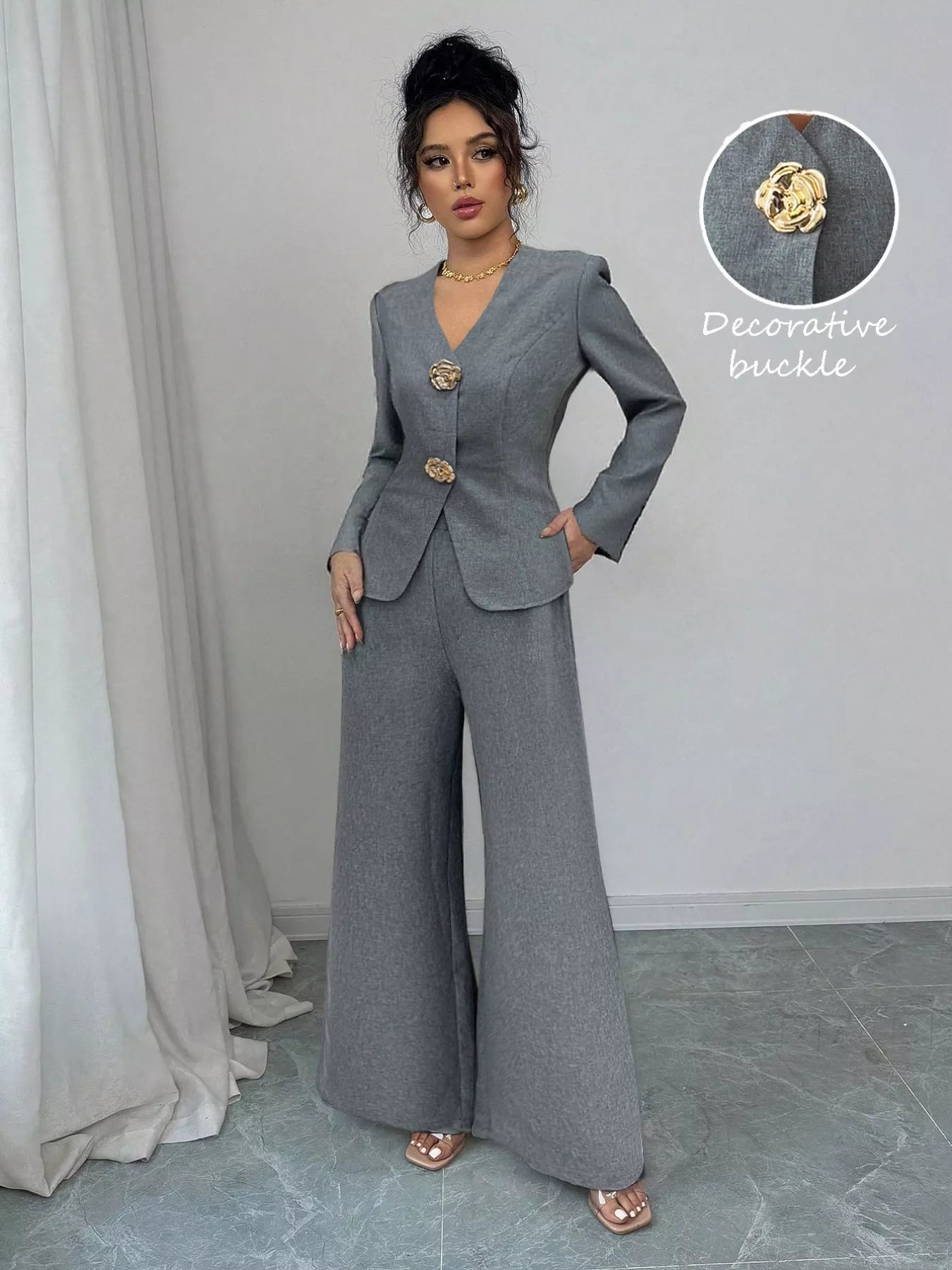 Decor Buckle Blazer & Wide Leg Pants Set - MAD RUFFI