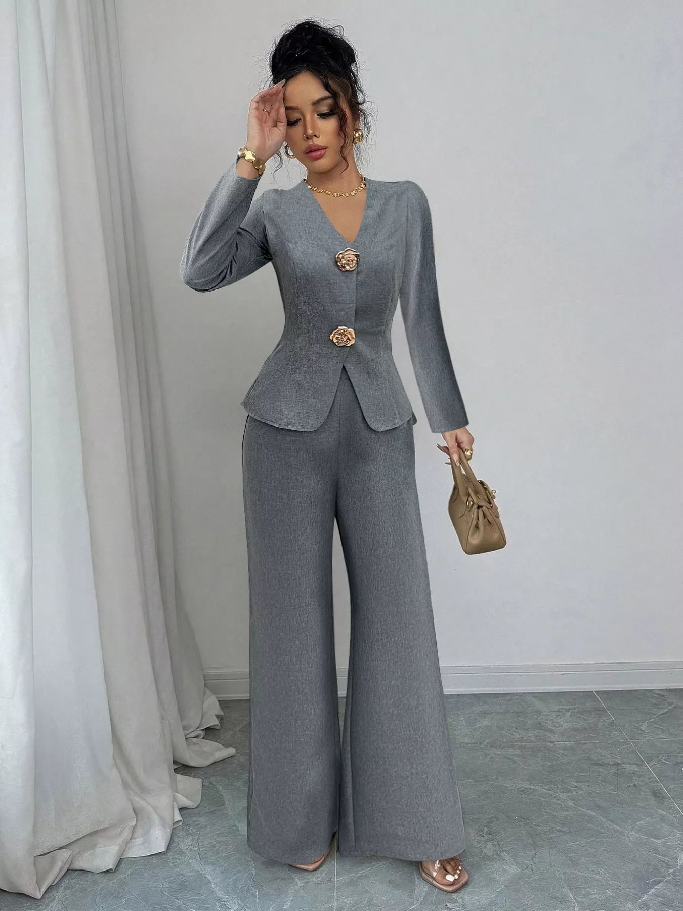 Decor Buckle Blazer & Wide Leg Pants Set - MAD RUFFI