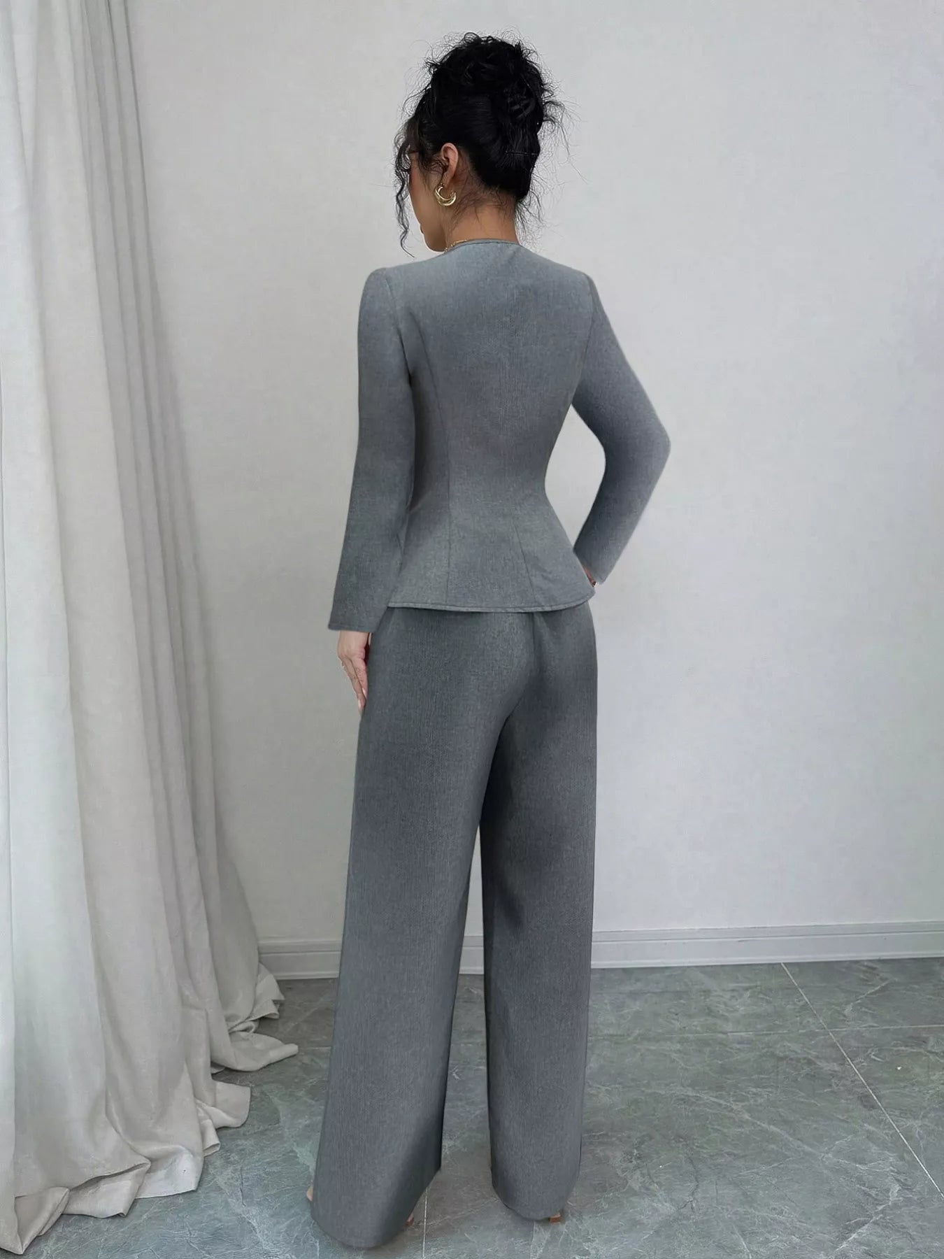 Decor Buckle Blazer & Wide Leg Pants Set - MAD RUFFI