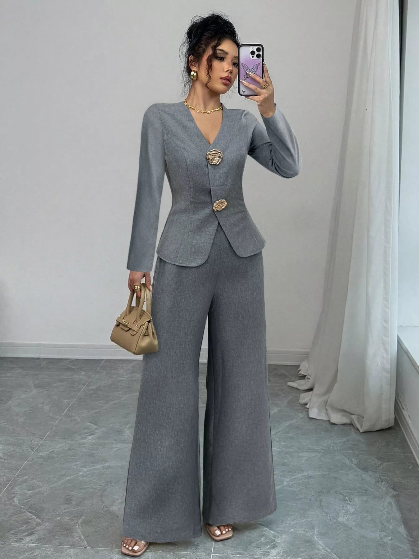 Decor Buckle Blazer & Wide Leg Pants Set - MAD RUFFI