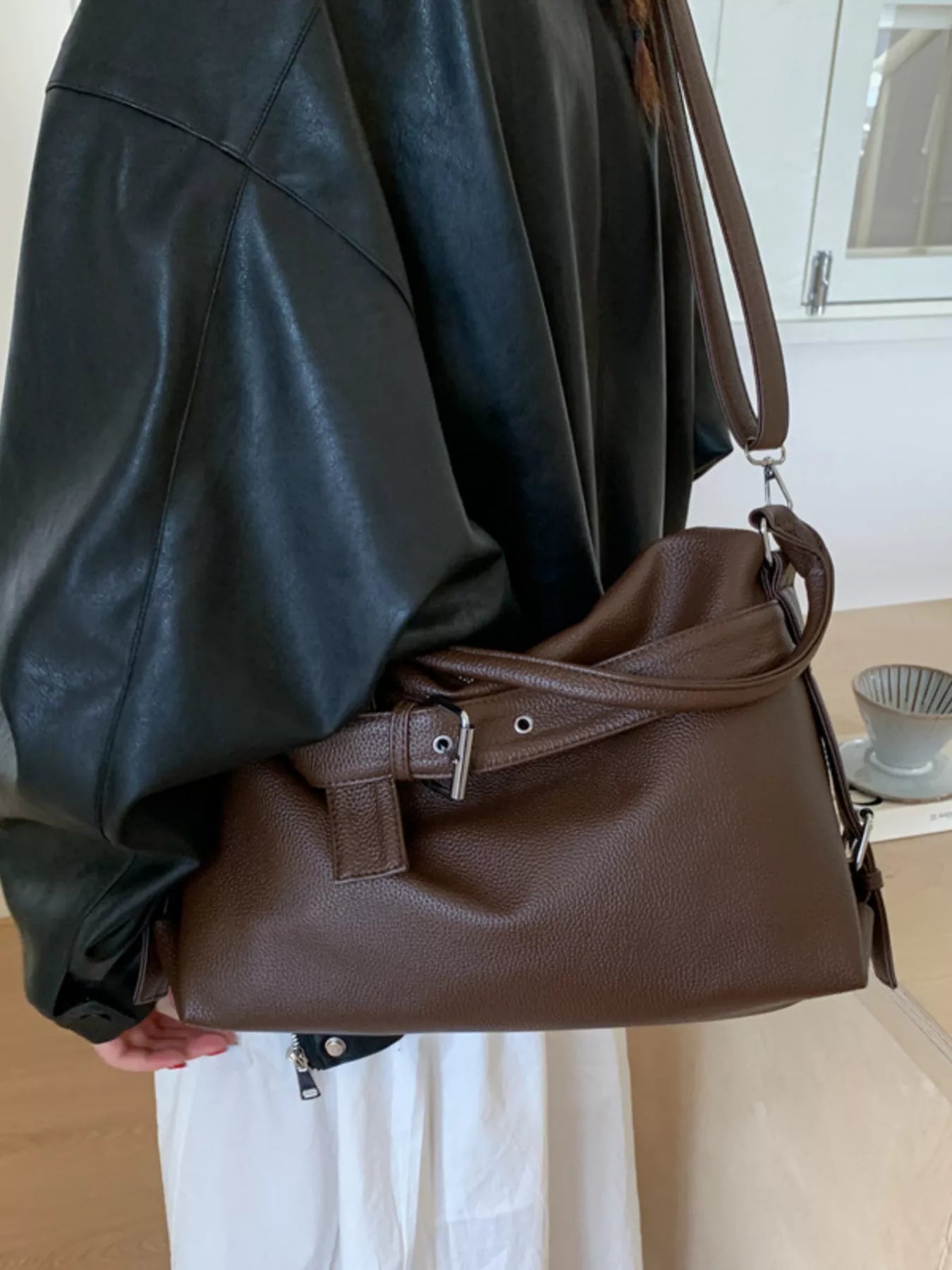 Decor Buckle Leather Shoulder Bag - MAD RUFFI