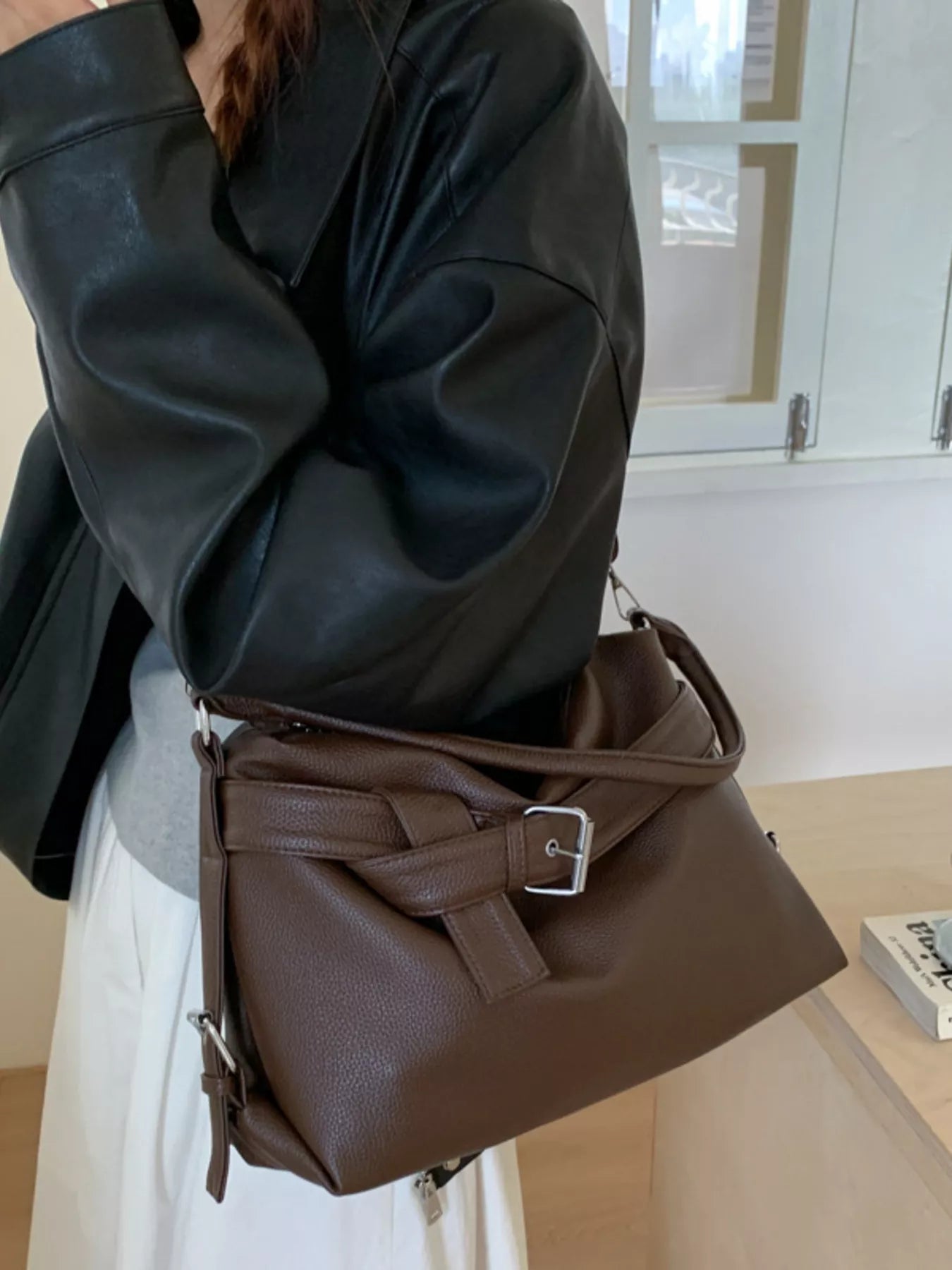 Decor Buckle Leather Shoulder Bag - MAD RUFFI