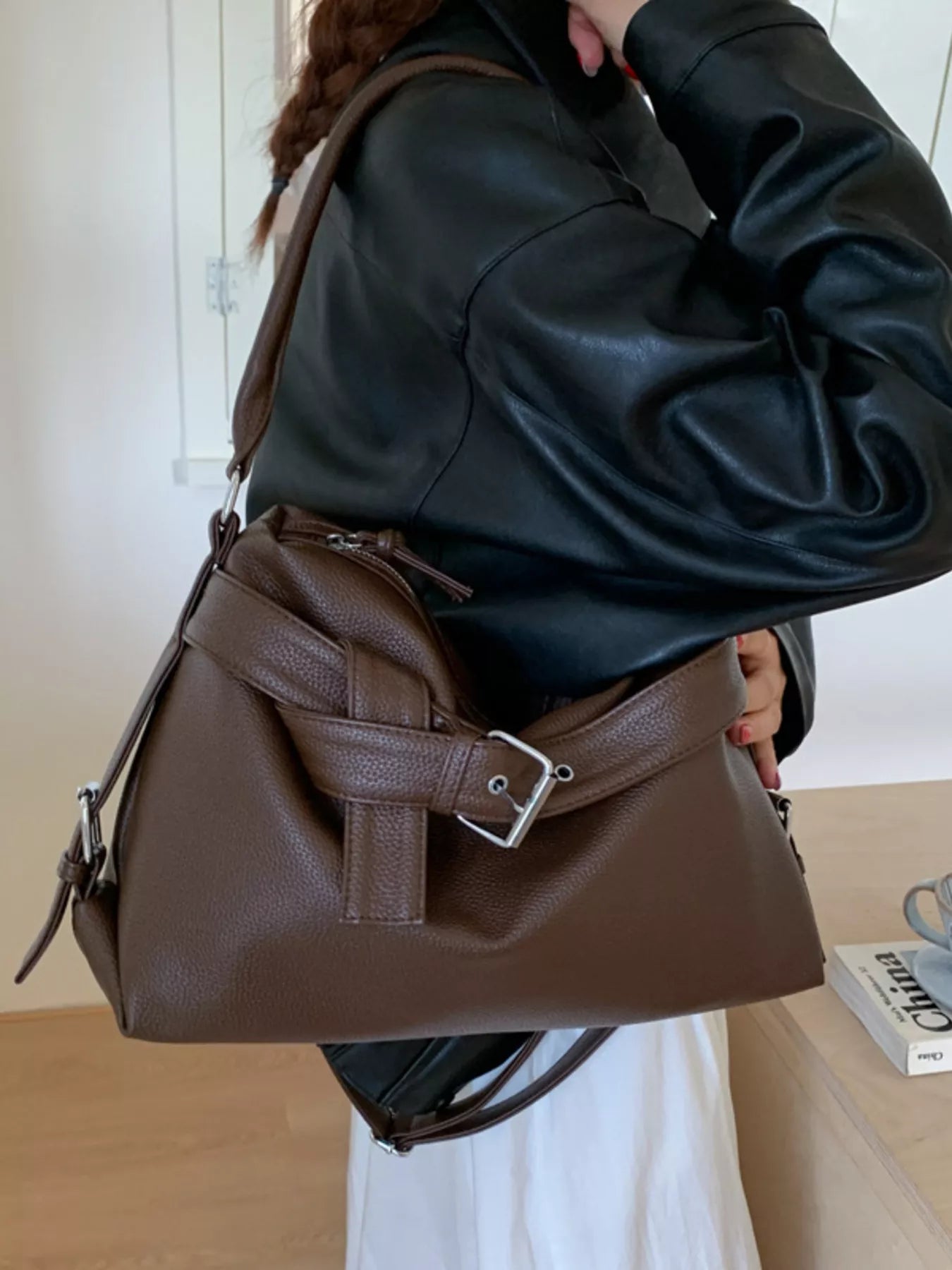 Decor Buckle Leather Shoulder Bag - MAD RUFFI