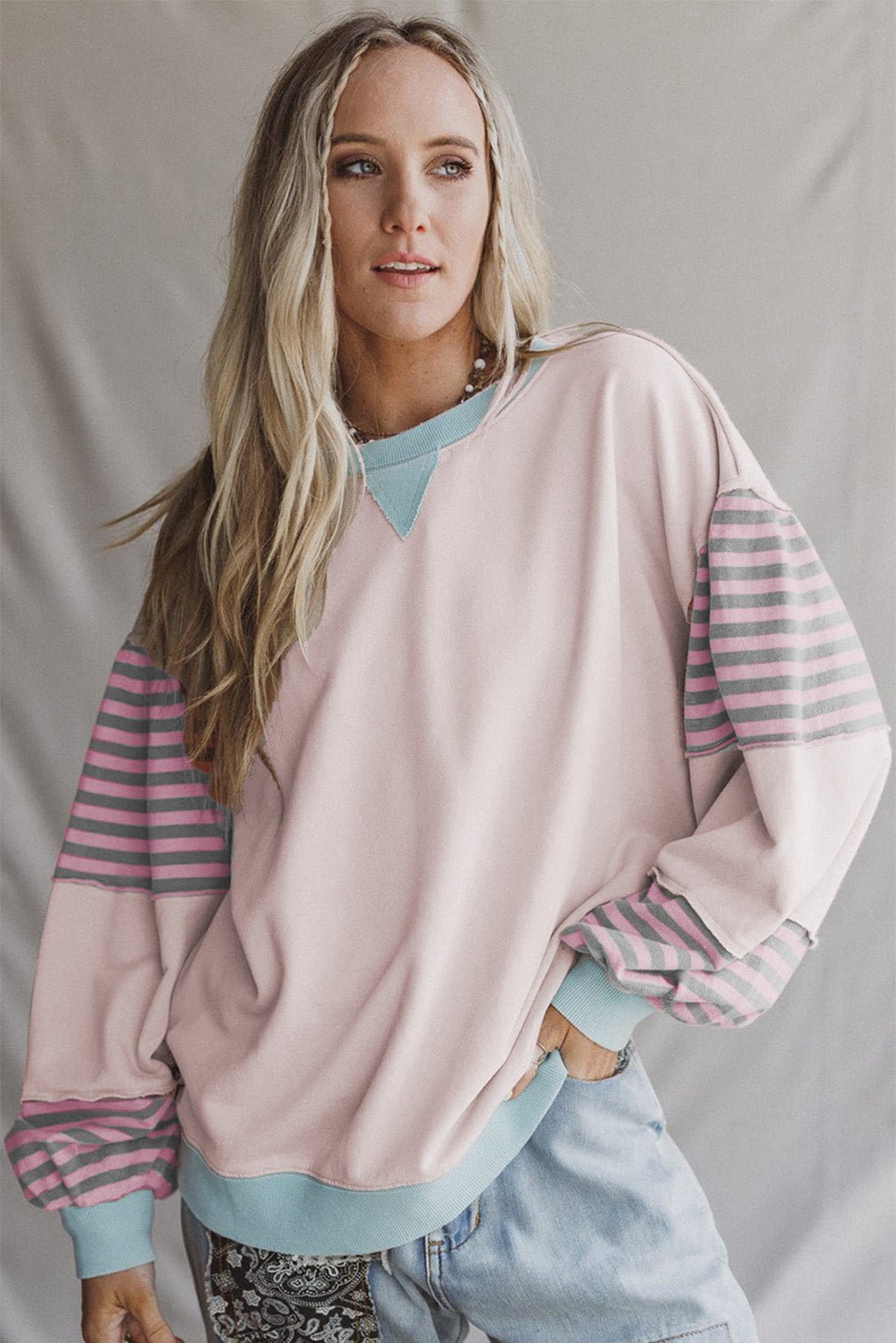 Delicacy Colorblock Patchwork Striped Sleeve Sweatshirt - MAD RUFFI