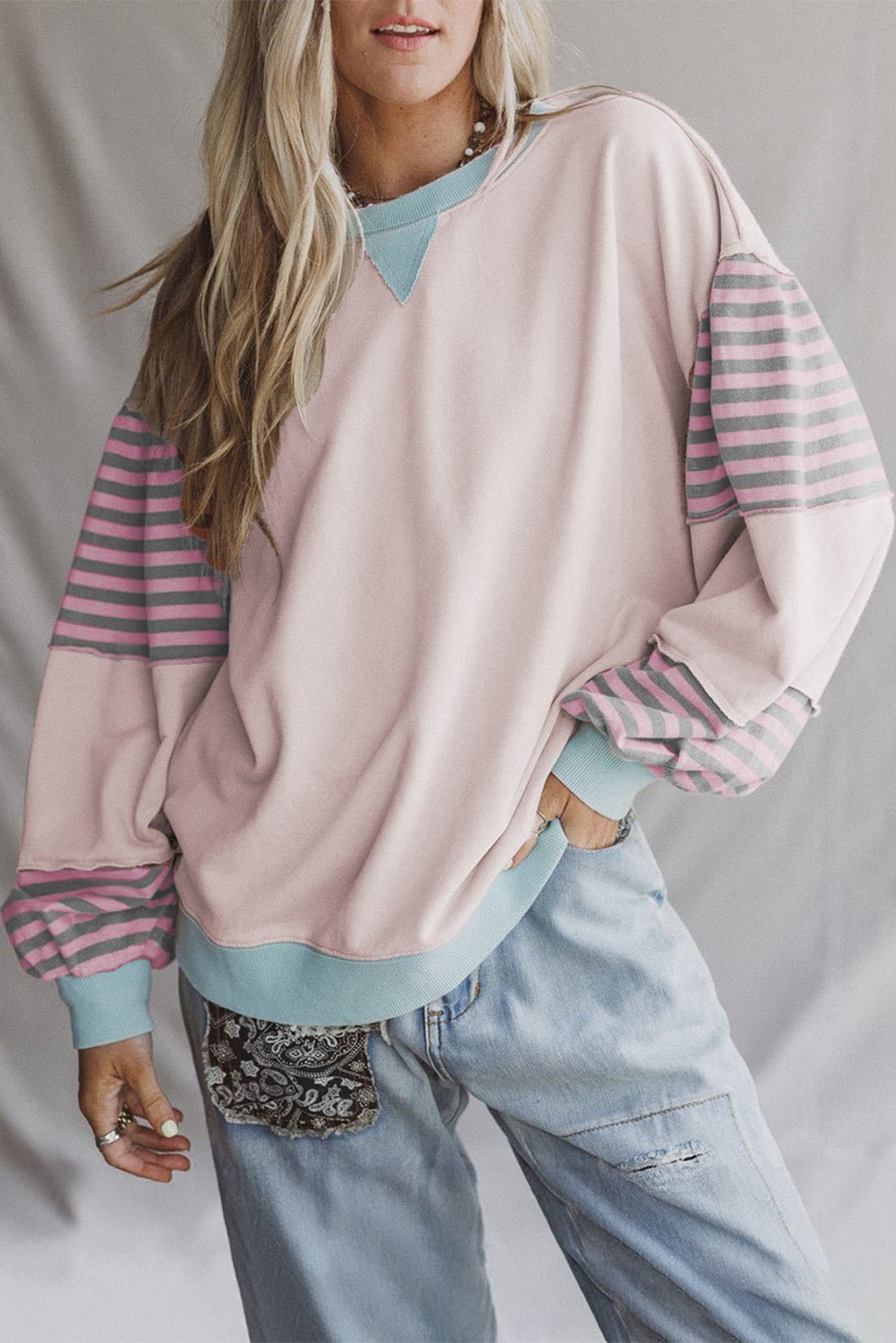 Delicacy Colorblock Patchwork Striped Sleeve Sweatshirt - MAD RUFFI
