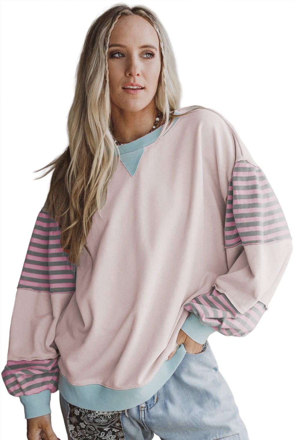 Delicacy Colorblock Patchwork Striped Sleeve Sweatshirt - MAD RUFFI