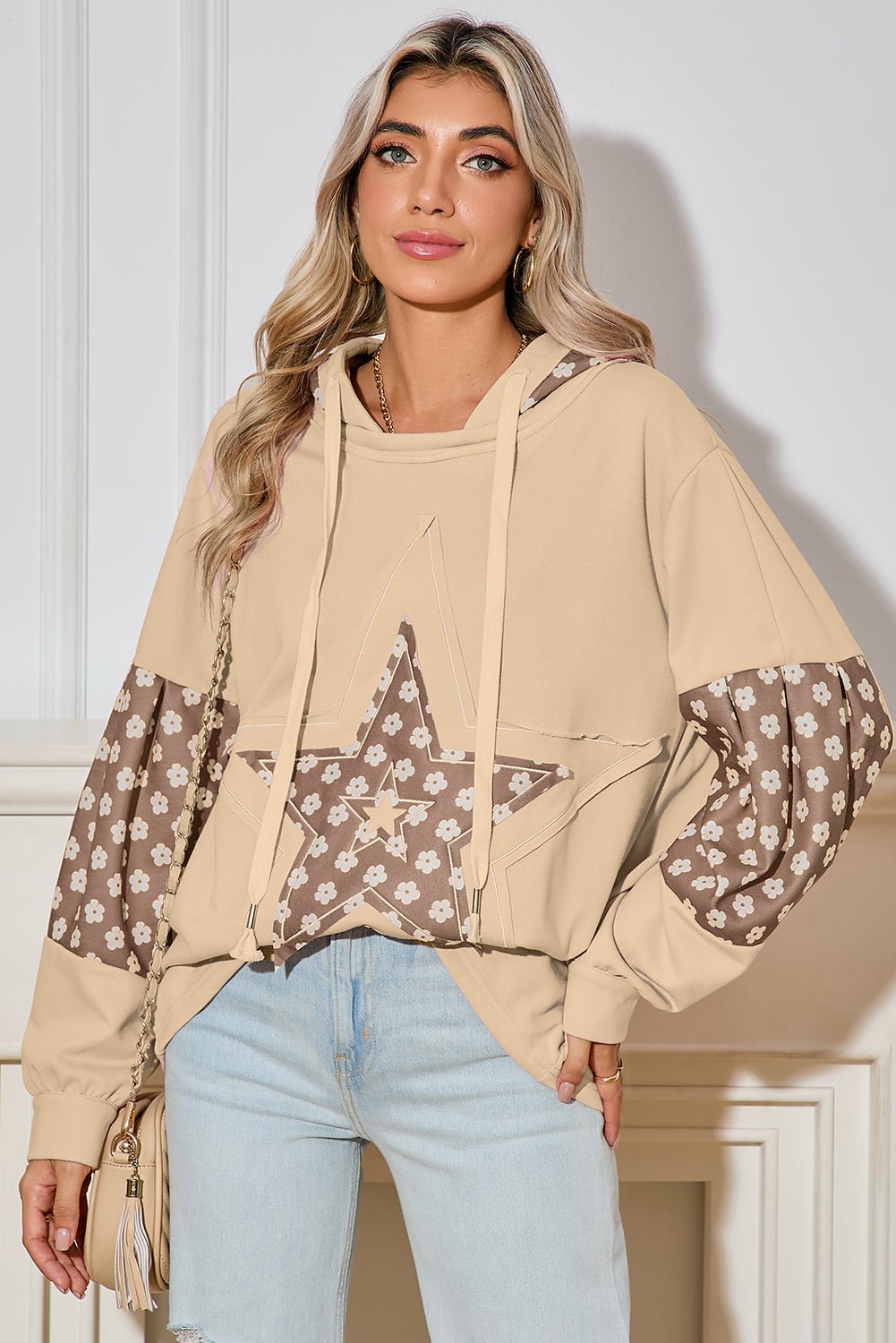 Delicacy Floral Patchwork Star Pattern Drawstring Hoodie - MAD RUFFI