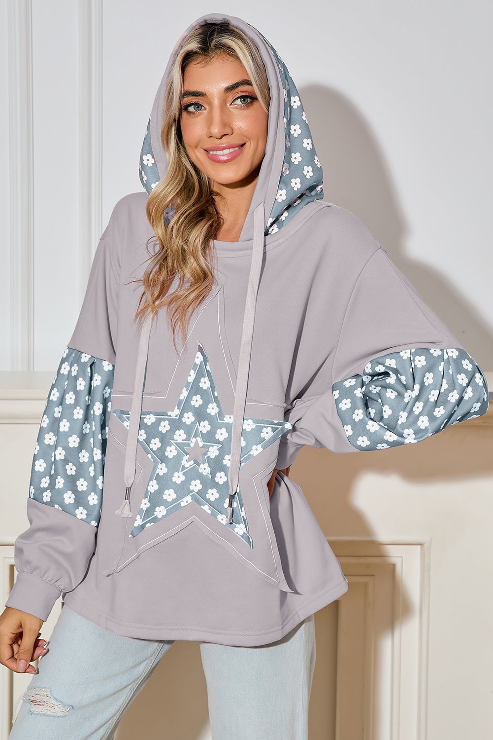 Delicacy Floral Patchwork Star Pattern Drawstring Hoodie - MAD RUFFI