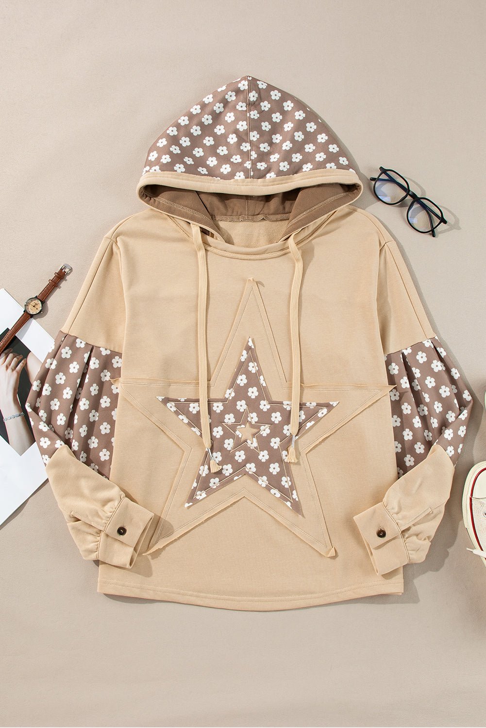 Delicacy Floral Patchwork Star Pattern Drawstring Hoodie - MAD RUFFI