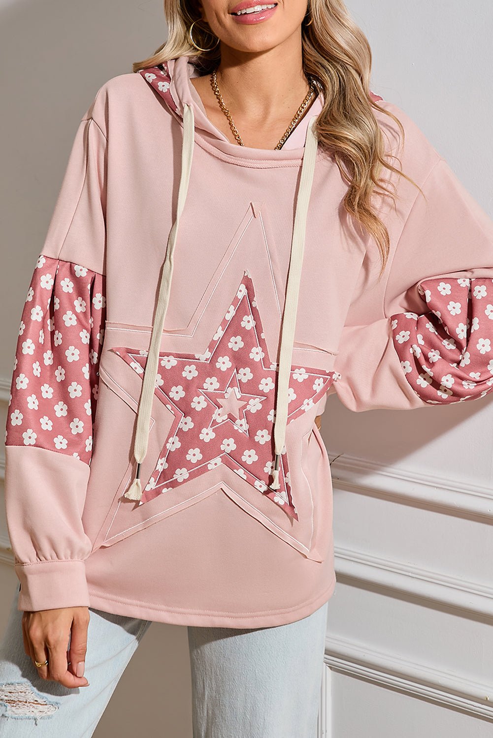 Delicacy Floral Patchwork Star Pattern Drawstring Hoodie - MAD RUFFI