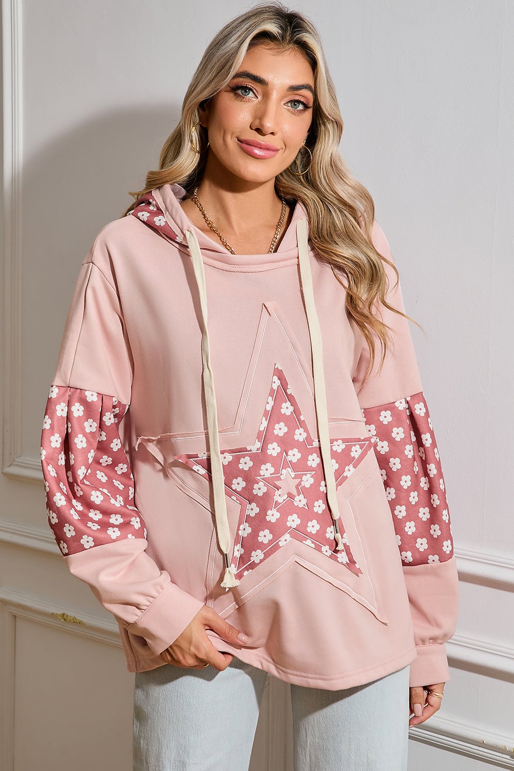 Delicacy Floral Patchwork Star Pattern Drawstring Hoodie - MAD RUFFI