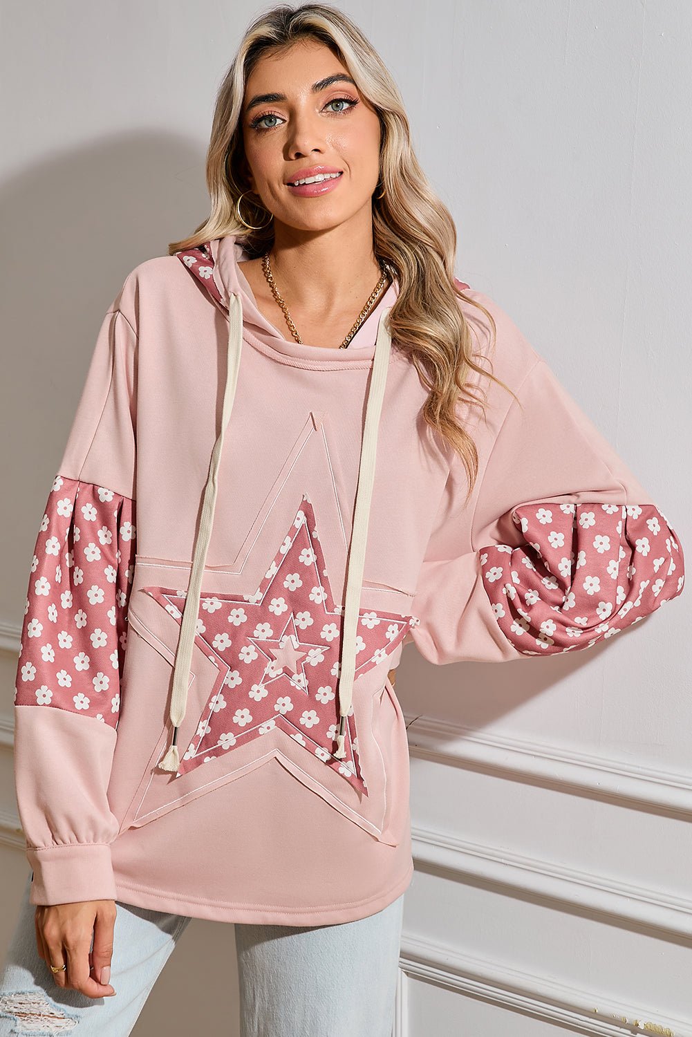 Delicacy Floral Patchwork Star Pattern Drawstring Hoodie - MAD RUFFI