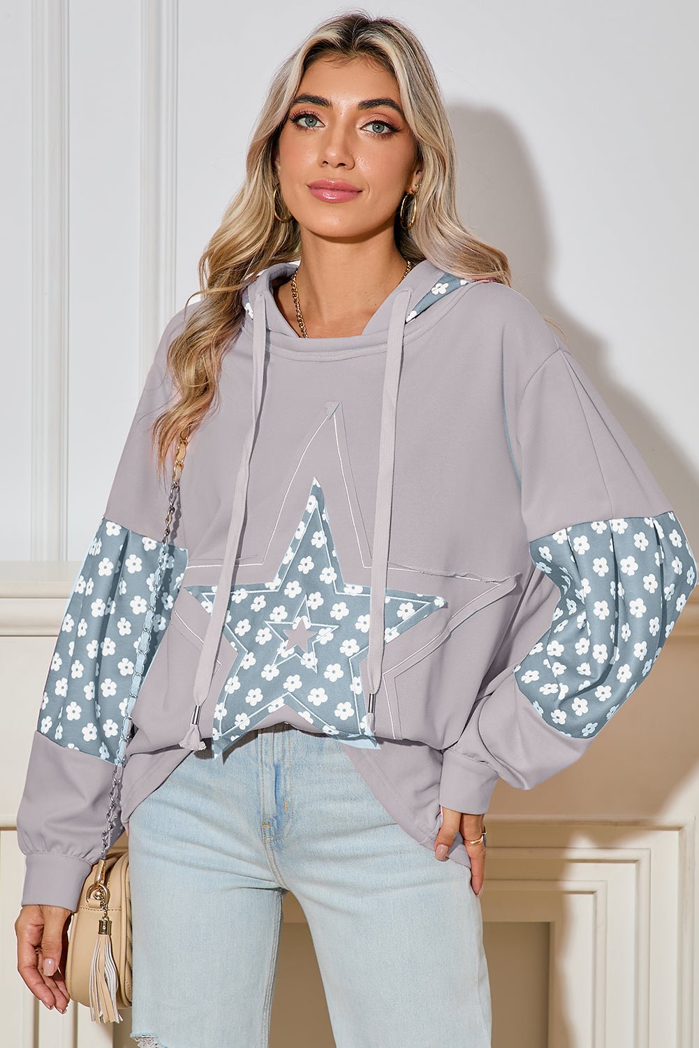 Delicacy Floral Patchwork Star Pattern Drawstring Hoodie - MAD RUFFI