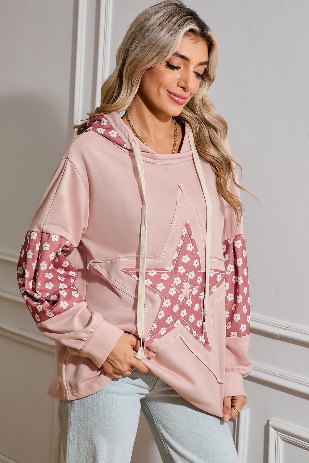 Delicacy Floral Patchwork Star Pattern Drawstring Hoodie - MAD RUFFI