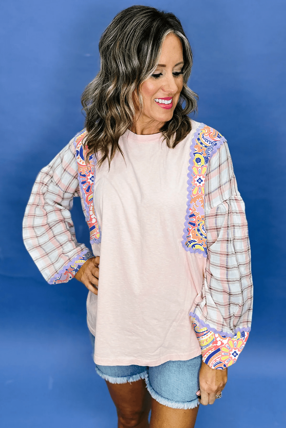 Delicacy Ricrac Trim Floral Plaid Patchwork Puff Sleeve Top - MAD RUFFI